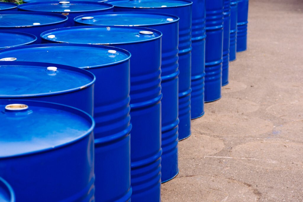 barrel warehouse in the technological warehouse. mineral oils.
